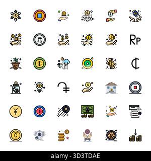 Découvrez un ensemble de 36 icônes vectorielles remplies de lignes conçues pour le thème coin, avec des designs alignés 256x256 pixels idéaux pour les projets UI / UX modernes. Illustration de Vecteur