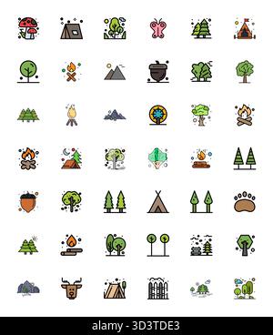 Ultime collection de 42 icônes vectorielles représentant Woodland dans une esthétique Flat Line remplie, optimisée avec 256x256 Detail résolution améliorée pour maxi Illustration de Vecteur