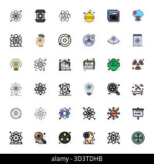 Ensemble de 36 icônes vectorielles optimisées Flat Line Filled Pixel sur le thème de Atomic, conçues en résolution Retina Ready pour une intégration transparente dans les applications et Illustration de Vecteur