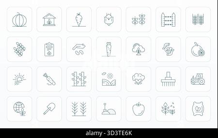 Ensemble complet avec 28 icônes vectorielles dans la conception Thin Line pour l'agriculture, livré dans une qualité nette 256x256 pixels alignée. Illustration de Vecteur