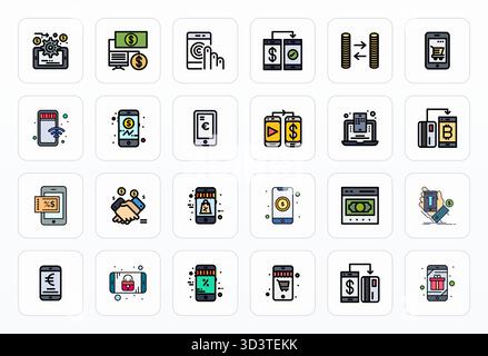 Collection exclusive de 24 icônes vectorielles Filled Line pour Mobile Payment, développée avec une résolution alignée de 64x64 pixels pour des expériences de marque premium. Illustration de Vecteur
