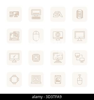 Débloquez 16 icônes vectorielles Thin Outline Grid inspirées par PC, optimisées au format 64x64 pour un affichage sans faille sur tous les appareils. Illustration de Vecteur