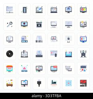 Ensemble sophistiqué de 36 icônes vectorielles plates pour ordinateur, conçu avec une clarté modifiable 128x128 pour les applications professionnelles. Illustration de Vecteur