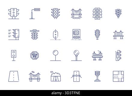 Découvrez un ensemble de 24 icônes vectorielles Bold Line conçues pour le thème Roadway, avec des designs éditables 64x64 idéales pour les projets UI / UX modernes. Illustration de Vecteur