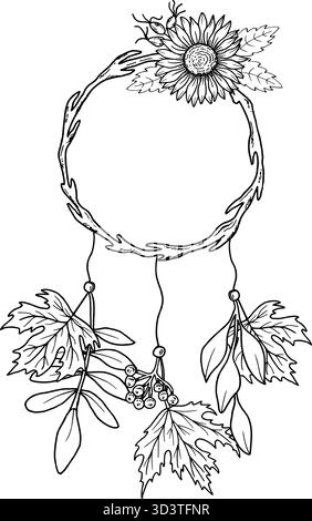 Cadre en bois avec baies de rowan et feuilles d'érable, tournesols et hanches de rose. Illustration vectorielle botanique dessinée à la main. Graphiques de lignes noires. Automne Illustration de Vecteur