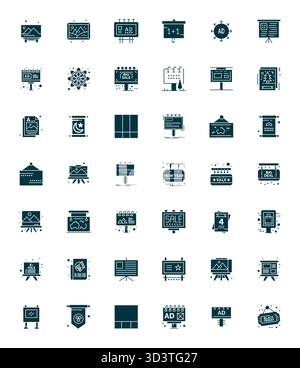 Ensemble simplifié de 42 icônes vectorielles pour Poster en esthétique remplie, avec une résolution alignée 256x256 pixels pour une expérience utilisateur transparente. Illustration de Vecteur