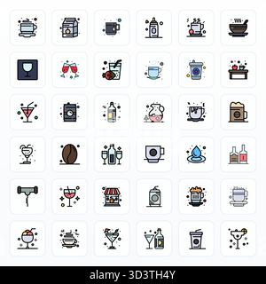 Ensemble sophistiqué de 36 icônes vectorielles Filled Line pour boissons, conçu avec une clarté alignée en pixels haute résolution pour les applications professionnelles. Illustration de Vecteur
