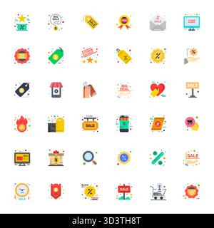 Découvrez un ensemble de 36 icônes vectorielles plates conçues pour le thème Bargain, avec des designs Retina Ready PIXEL Perfect idéaux pour les projets UI / UX modernes. Illustration de Vecteur