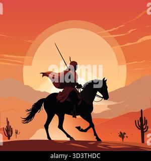 Silhouette d'un guerrier arabe chevauchant un cheval dans le désert au coucher ou au lever du soleil. Illustration de Vecteur