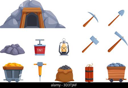 Équipements miniers. Marteau de ramassage de pelle de dessin animé, dynamite et sac de charbon. Chariot avec des barres dorées, icônes isolées d'outils miniers. Entrée dans la grotte, vecteur sapide se Illustration de Vecteur