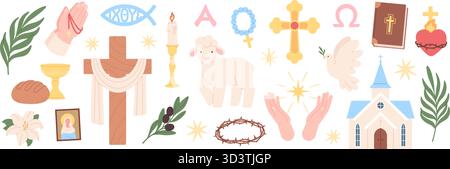 Pancartes chrétiennes. Symboles isolés de l'église du christianisme, moutons, Bible sainte, crucifix, chapelets avec croix, couronne d'épines, bâtiments, vecteur racé c Illustration de Vecteur