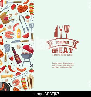 Affiche BBQ. Affiche publicitaire avec des produits du marché de boucherie. logo de la viande fraîche illustration originale Illustration de Vecteur