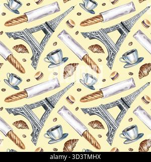 Motif sans couture avec des pâtisseries françaises. Illustration d'aquarelle dessinée à la main. Baguette française, biscuit aux amandes, croissant, Tour Eiffel. Pour le design de café, Banque D'Images