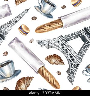 Motif sans couture avec des pâtisseries françaises. Illustration d'aquarelle dessinée à la main. Baguette française, biscuit aux amandes, croissant, Tour Eiffel. Pour le design de café, Banque D'Images