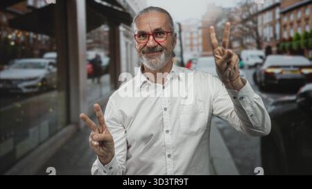 Homme aux longs cheveux gris, barbe et lunettes rouges sourit et tient deux doigts pour la paix dans une rue animée de la ville ; optimisme joyeux. Banque D'Images