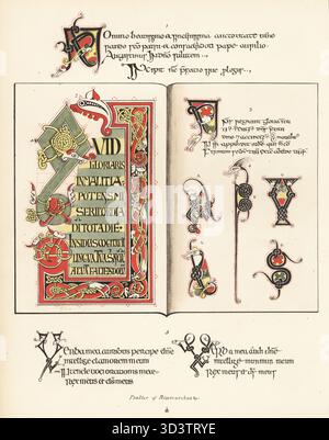 Les Psautiers de St Ouen et Ricemarchus. Majuscule et lettres du Traité de Saint Augustin sur la Trinité 1, page enluminée du 51e Psaume 2, du 92e Psaume 3 et lettres initiales 4 du Psautier Ricemarchus, 5e Psaume du Psautier de Saint Ouen 5. Chromolithographie d'après une illustration par John Obadiah Westwood de sa propre Palaeographia Sacra Pictoria, étant une série d'illustrations des anciennes versions de la Bible, copiées à partir de manuscrits enluminés, William Smith, Londres, 1843. Banque D'Images