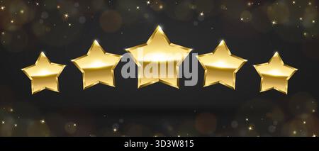 Cinq étoiles dorées sur fond sombre avec des étincelles et du bokeh, concept de qualité supérieure, notation étoiles dorées gradient illustration vectorielle Illustration de Vecteur
