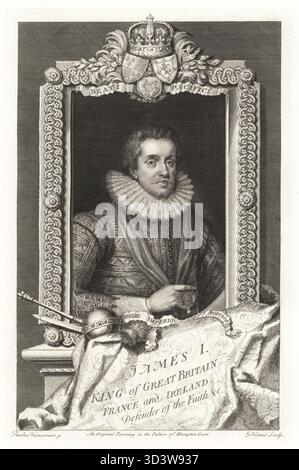 Jacques VI et moi, roi d'Écosse et d'Angleterre, 1566-1625. Jacques Ier, roi de Grande-Bretagne, de France et d'Irlande. Portrait de roi en collier à volants en dentelle, doublet en brocart, avec bande de l'ordre de la Jarretière. Orbe, sceptre, épée, chardon en dessous. D'après un tableau du palais de Hampton court. Gravure sur cuivre dessinée et gravée par George Vertue de ses têtes des rois d'Angleterre, propre à l'histoire de M. Rapin, traduite par N. Tindal, imprimée pour James, John et Paul Knapton, Londres, 1736. Banque D'Images