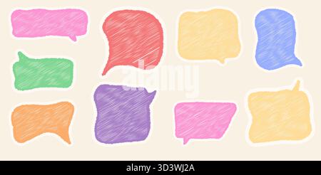 Craie crayon doodle ballons de discours sur fond beige, cadres de bande dessinée de style esquisse, illustration vectorielle dessinée à la main de crayon avec texture grunge pour Illustration de Vecteur