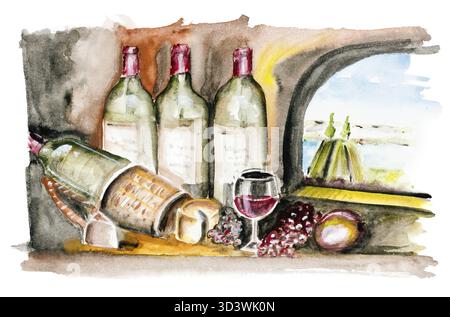 Vin français vieilli en bouteille, fromage et raisins dans la cuisine du château. En dehors de la fenêtre, paysage d'été et rivière.peinture à l'aquarelle fait main i Banque D'Images