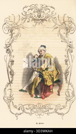 Costume d'un peintre, France du 18e siècle. Artiste en turban et manteau, assis sur une chaise, tenant des pinceaux, une palette et un bâton mahl. Le Peintre. Gravure sur acier colorée à la main de Modave & Billian, d'après une illustration de Théophile Fragonard, dans un cartouche décoratif de Bertrand, d'autrefois ou le bon vieux temps d'Augustin Challamel, types de 18e siecle, Challamel et Cie, 1842. Banque D'Images