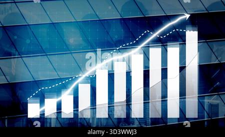 Cette image présente un graphique de croissance d'entreprise dynamique avec une flèche vers le haut sur un fond de verre moderne, symbolisant le succès financier et Banque D'Images
