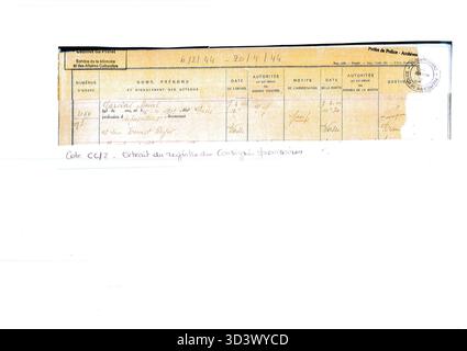 Cette image, datée de 1944, représente Marcel Garcias, bien que le photographe reste inconnu. Le titre 'PJ EXTRAIT CC-2' fait probablement référence à un document spécifique ou à un extrait associé à Garcias, mais plus de détails ne sont pas disponibles. Banque D'Images