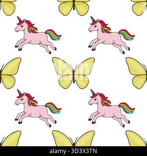 Motif vectoriel sans couture avec licornes roses ludiques avec des manies et des queues arc-en-ciel, entrecoupées de papillons jaunes vifs sur un bac blanc propre Illustration de Vecteur