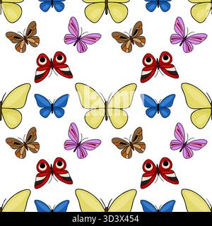 Modèle vectoriel sans couture de papillons colorés, avec des variétés jaunes, bleues, violettes et rouges avec des conceptions d'ailes complexes et des m distinctifs ressemblant à des yeux Illustration de Vecteur