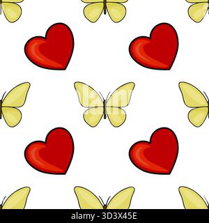 Motif vectoriel sans couture de papillons jaunes joyeux et de coeurs rouges vibrants sur un fond blanc propre, exsudant une esthétique ludique et romantique. Illustration de Vecteur