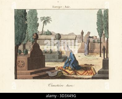 Femme offrant la libation dans un cimetière ottoman (turc), XVIIIe siècle. Une femme en coiffe voilée ou en hijab s'agenouille sur un tapis devant une tombe. Une autre femme arrose des plantes en arrière-plan. Cimetière turc. Copie du voyage dans l'Empire Othoman de Guillaume Antoine Olivier, 1801. Gravure sur cuivre colorée à la main tirée de Moeurs et Coutumes des peuples ou Collection de tableaux représentant les usages remarquables, les mariages, funérailles, supplices et fêtes des diverses Nations du monde, Manners and Customs of Peoples, Veuve Hocquart, Paris, 1811. Banque D'Images