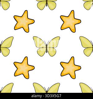 Motif vectoriel sans couture de papillons jaunes joyeux et d'étoiles orange vives sur un fond blanc, parfait pour les conceptions fantaisistes. Illustration de Vecteur