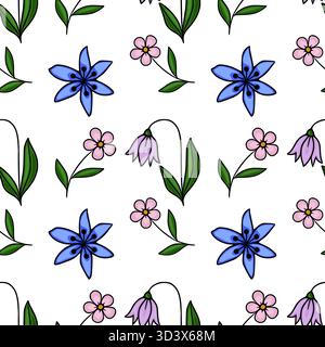 Motif vectoriel sans couture de fleurs sauvages bleues et roses délicates avec des feuilles vertes, style dessiné à la main. Illustration de Vecteur