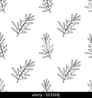 Modèle vectoriel sans couture d'élégantes branches d'argousier avec des baies, soulignées en noir sur fond blanc, évoquant la simplicité naturelle et l'organi Illustration de Vecteur