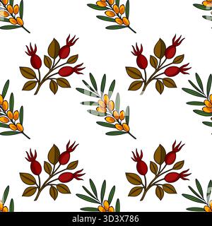 Modèle vectoriel sans couture avec des branches stylisées d'argousier et de rose musquée avec des baies et des feuilles vibrantes sur un fond blanc. Illustration de Vecteur