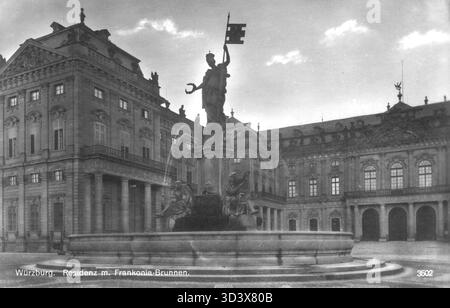 Une carte postale vers 1924 montrant la résidence Würzburg, le palais des princes-évêques de basse-Franconie, Allemagne. Banque D'Images