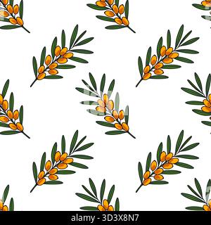 Modèle vectoriel sans couture de branches d'argousier vibrantes avec des baies orange vif et des feuilles vert foncé sur un fond blanc propre. Illustration de Vecteur
