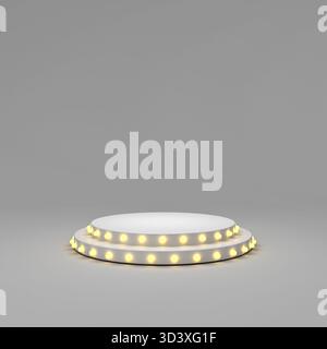 Présentez un pied de podium vierge ou une plate-forme de scène avec des ampoules au néon rétro brillantes jaunes isolées sur fond gris blanc foncé avec ombre Banque D'Images