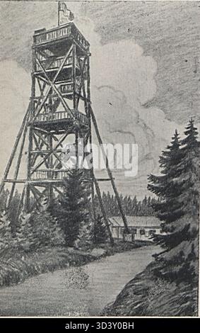 Cette photographie montre la tour de guet originale sur le mont Smrk dans les montagnes de Jizera. La tour était une structure remarquable dans la région avant ses modifications. Banque D'Images