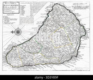 L'île de la Barbade divisée en ses paroisses - carte antique du 18ème siècle de la Barbade, Antilles britanniques coloniales, Accurate Survey & Roads Banque D'Images