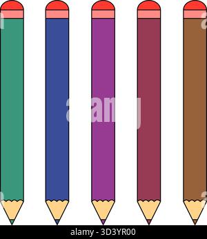 Ensemble de cinq crayons vectoriels de dessin animé colorés avec des gommes dans des tons discrets et plus sombres. Outils de dessin ou d'écriture pour des projets scolaires ou artistiques Illustration de Vecteur