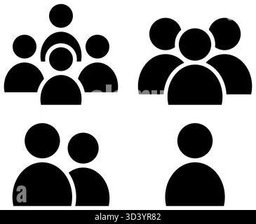 Ensemble de quatre icônes vectorielles de silhouette noire représentant des groupes de personnes, des paires et un utilisateur unique. Taille de l'audience, gestion de l'équipe, réseaux sociaux Illustration de Vecteur