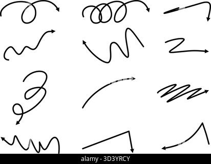 Ensemble dessiné à la main de gribouillage bouclé et ondulé flèches noires. Collection de pointeurs d'esquisse montrant la direction et le mouvement Illustration de Vecteur