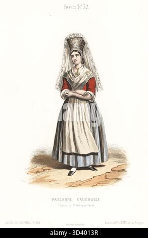 Paysanne de Saint-Valery-en-Caux, Normandie, en tenue de fête. Avec coiffe haute et long voile en dentelle, boucles d'oreilles en or, pendentif, fichu brodé, corsage rouge, jupes rayées et tablier. Paysanne Cauchoise (Canton de préparation Valery en Caux). Gravure sur acier colorée à la main par Laurent Guerdet du Musée Cosmopolite, Musée de costumes, Musée Cosmopolitan, éditée par ancienne maison Aubert, Paris, 1850. Banque D'Images
