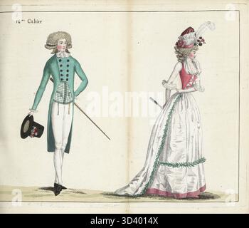 Homme en manteau anglais double race vert, batiste cravate, gilet bazin, jupes-culottes en coton, deux montres, chaussures à boucle argentée, avec chapeau haut de gamme tricolore et canne. Femme en bonnet en taffetas rose, cheveux en anneaux, gaze fichu, robe en taffetas blanc avec corset rose, jupons blancs, pantoufles roses. Gravure sur cuivre colorée à la main tirée du Journal de la mode et du goutte de Jean-Antoine le Brun ou de Lebrun-Tossa, anciennement Cabinet des modes, chez Buisson, Paris, et Joseph le Boffe, Londres, 1790. Banque D'Images