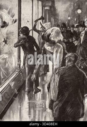 Illustration de 1912 montrant des suffragettes londoniennes en action, vandalisant des fenêtres lors d’une campagne pour les droits des femmes et le suffrage. Les dégâts causés ont été estimés entre 50 000 et 60 000 florins. L'image a été publiée dans Het Leven dans le cadre d'une série. Banque D'Images