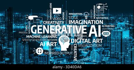 Une représentation captivante des concepts d'IA générative sur un paysage urbain dynamique, mettant en valeur l'innovation, la créativité et la technologie avec dynamisme Banque D'Images