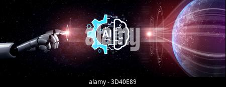 Un assistant IA générative démontre sa puissance de traitement cognitif. Cette technologie fusionne avec les systèmes industriels pour automatiser et optimiser les complexes Banque D'Images