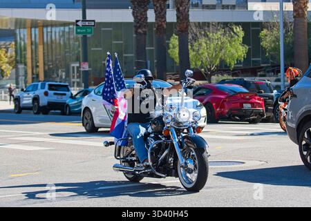 Los Angeles, Californie, États-Unis, 18 octobre 2025 les manifestants tiennent des pancartes avec des slogans pendant la manifestation No Kings contre les politiques de l'administration Trump Banque D'Images