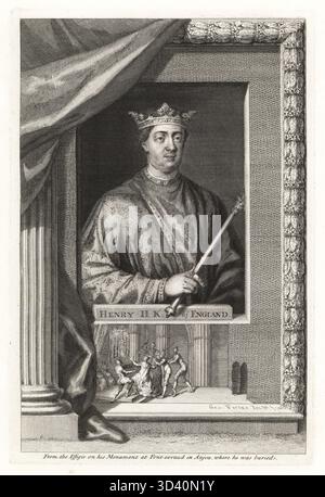 Henri II, roi d'Angleterre. Henry Fitzempress, Henry Curtmantle, 1133-1189. Portrait de buste avec couronne et sceptre, derrière un rideau. De l'effigie de son monument à Fontevraud en Anjou. Vignette montrant le meurtre de Thomas Becket par quatre chevaliers dans la cathédrale de Canterbury. Gravure sur cuivre dessinée et gravée par George Vertue de ses têtes des rois d'Angleterre, propre à l'histoire de M. Rapin, traduite par N. Tindal, imprimée pour James, John et Paul Knapton, Londres, 1736. Banque D'Images